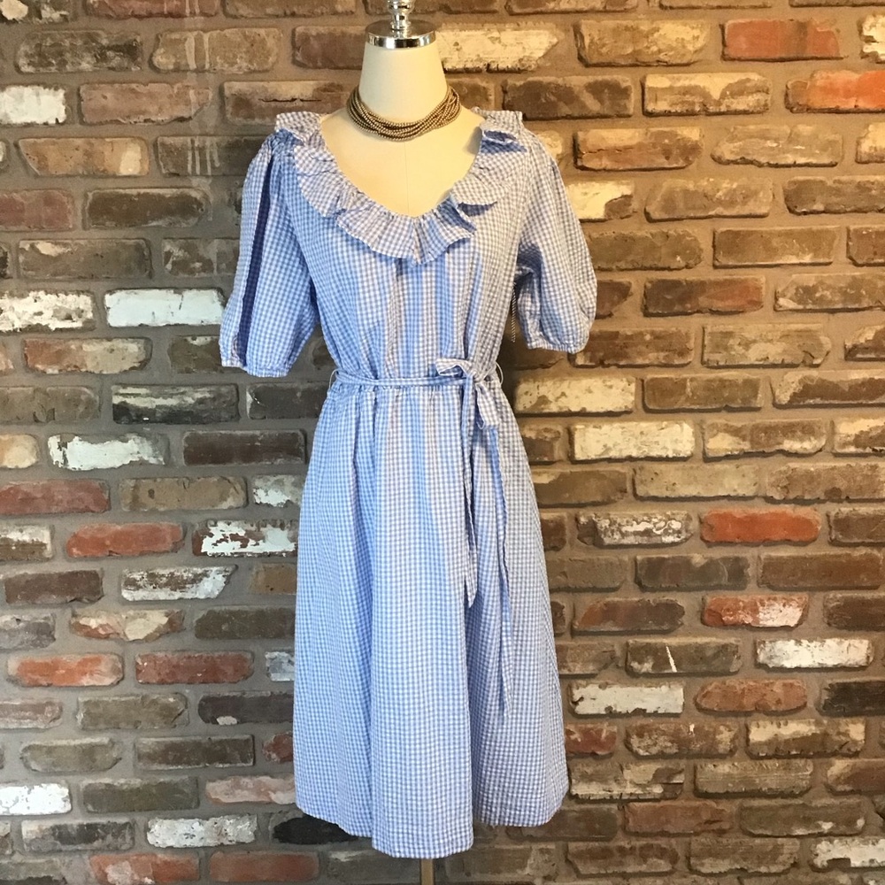 DRAPER JAMES RSVP Women's Blue Gingham Plaid Ruffle V-neck Tie Waist Dress L - Picture 2 of 5